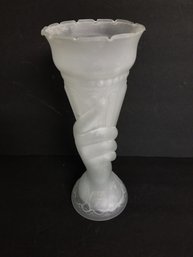 Vintage Art Deco Frosted Satin Glass Hand Holding Torch Vase