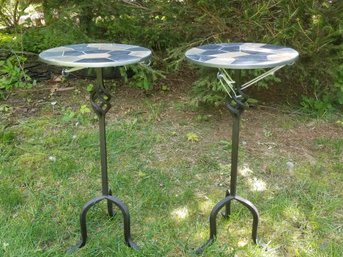 Pair Of Small Repurposed Wrought Iron Pillar Candle Holder Tables