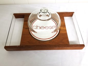 Vintage MCM Teakwood Cheese & Cracker Serving Tray With Glass Dome By Goodwood