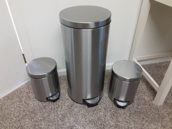 Trio Of Brushed Stainless Steel Step On Flip Lid Trash Cans