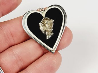 Vintage Sterling Silver Onyx  Heart With Carved Cameo Profile Pendant