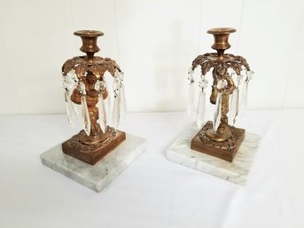 Vintage Pair Of Lovely Ornate Brass With Marble Base Candlestick Holders With Drop Crystals