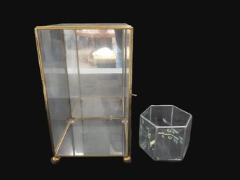 Small Vintage Hanging Brass & Glass Display Cabinet & Octagon Glass Jar