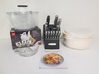 KitchenAid Knife Block, Spiralizer With Cookbook, Tupperwave Stack Cooker Set, Salad Spinner & Citrus Reamer