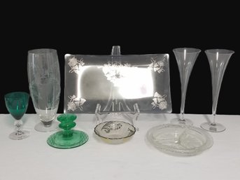 Mixed Lot Vintage Glassware: 25th Anniversary Silver Overlay Platter, Mikasa Fluted Champagne Glasses & More