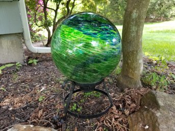 Vcuteka Green & Blue Blown Glass Outdoor Gazing Globe 10' On Scrolled Metal Stand