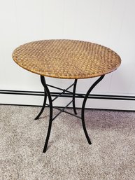 Wicker Topped Bistro Table With Black Metal Base