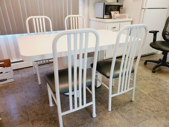 Vintage MCM White Contemporary Styled Formica Over Wood Table With Four Uphostered Heavy Metal Chairs