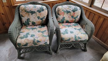 Pair Vintage Green Wicker Side Chairs