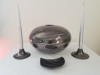 Handcrafted Ceramic Swirl Set: Candlestick Holders, Small Trinket Dish & Vessel - Signed & Dated 1994