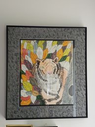 Adorable Framed Hand Painted Tiger Themed Abstract Wall Art
