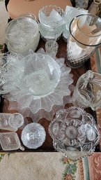 Large Group Of Clear Glass Compotes, Pitcher, Vases Candy Dishes And More - 29 Pieces