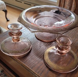 Pair Pink Glass And Gold Rimmed Candle Holders Along With A Pink Glass Bowl