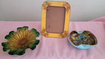 Two Decorative Colored Glass Dishes And A Picture Frame