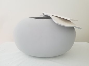 Matte Gray Oval Pottery Vase Signed