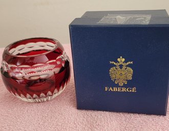 Small Signed Faberge Heavy Cranberry And Clear Glass Bowl & Original Boz