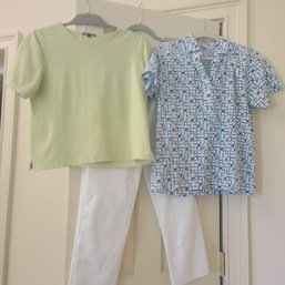 Chicos White Capris And Two Tops (Light Green A'nue Ligne And Leon Levin Blue Patterned Button Down)