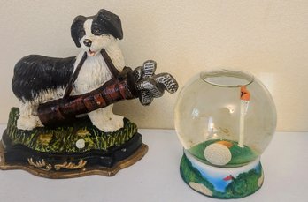 Golf Themed Desktop Decor - Snow Globe & Playful Dog Statue