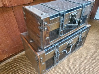 Two Small Wood With Embossed Leather Look Storage Trunks