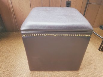 Brown Faux Leather Lidded Storage Ottoman With Brass Nail Head Accents