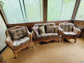 Three Piece Wicker Rattan Porch Patio Loveseat, Two Chairs, Cushions & Assorted Pillows