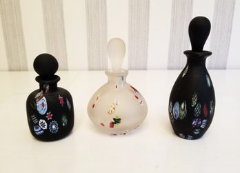 Three Vintage Hand Painted Frosted Glass Perfume Bottles