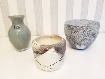 Vintage Handmade Art Glass Alicja Gray Vase & Two Indoor Planters