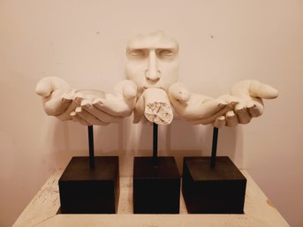 Three Contempary White Hand & Face Blowing Into Hand Figural Candle Holders
