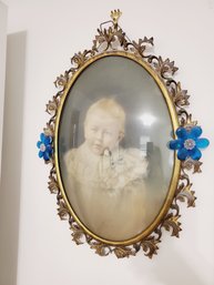Adorable Antique Baby Photograph Is Ornate Oval Brass Frame