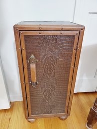 Vintage Wood & Embossed Faux Leather Trunk Style Storage Cabinet