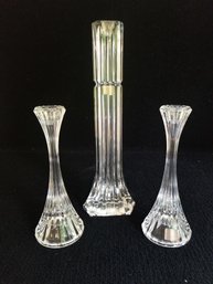Vintage MIKASA Art Deco 12' Crystal Ribbed Vase & Mikasa Crystal Park Lane Candlestick Holders