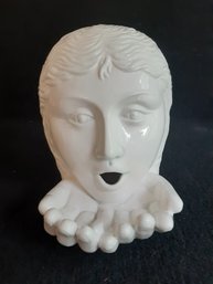 White Glazed Ceramic Contemporary Head Blowing Into Hands Table / Wall Sculpture