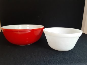 Vintage Primary Red Pyrex Large Mixing Bowl & Floral Embossed White Milk Glass Bowl