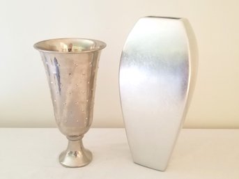 Tall Silver Painted Ceramic Flower Vase & Nickel Plated Dimpled Vase
