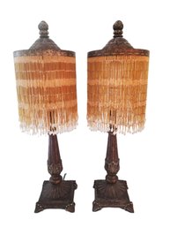 Vintage Resin Boudoir Lamps With Amber Beaded Tassel Shades