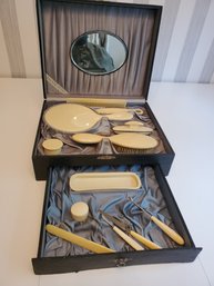 Antique French Ivory Art Deco Celluloid Vanity Set In Original Box
