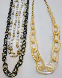Two Chunky Vintage Chain Necklaces And Earth Tone Polished Stone Necklace