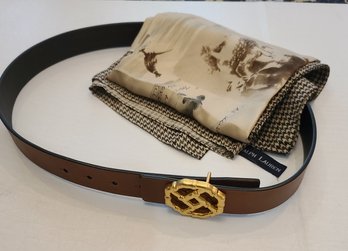 Ralph Lauren Outdoor Themed Scarf And Designer Brown Belt With Gold Buckle
