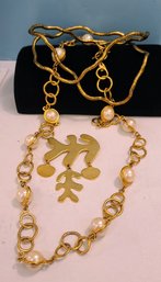 Anne Klein Vintage Gold Chain Necklace With Pearl Accents, Snake-Style Bent Necklace, And Abstract Pendant