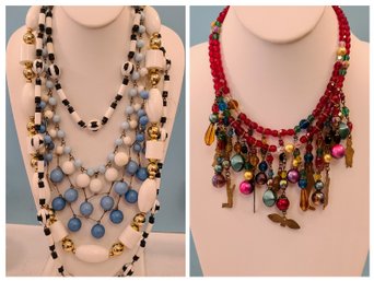 Chunky Vintage Beaded Necklaces - Black And White, Light Blue, White With Gold Accents, And Multi-color Red
