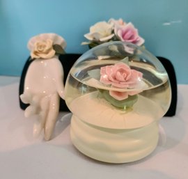 Pastel Porcelain Corsage On Gloved Hand, 1968 German Rose Figurine, And Rose Snow Globe