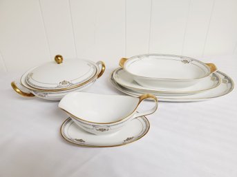 Antique Edelstein Bavaria Porcelain Belford Gravy Boat, Serving Bowl & Oblong Platters & Covered Casserole