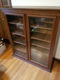 Vintage Wood Two Door Glass Front Bookcase Curio Cabinet