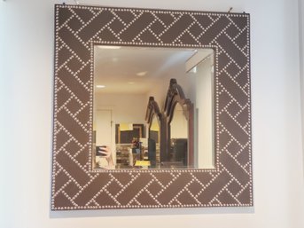 Brown Leather Square Wall Mirror With Nail Head Design