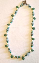 Natural Semi Precious Vintage Aquamarine Necklace  Interspersed With Pearls & Teardrop Shaped Amazonite Stones