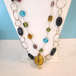 Set Of Two: Vintage Silver And Black Link Necklace And Multicolored Bead Necklace With Gold Pendant
