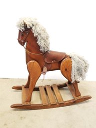 Vintage Child's Wooden Rocking Horse With Leather Saddle