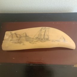 Fabulous Authentic Scrimshaw Wale Tooth Engraved Etching Of Ships And Polar Bears
