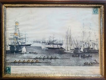 Currier & Ives Antique Hand Colored Lithograph 'Summer Scenes In New York Harbor' 1869