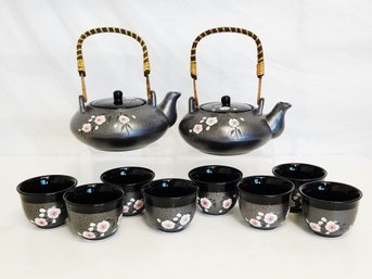 Vintage TIKO Collection 2 Ceramic Black Cherry Blossom Design Teapots With 8 Teacups Japan